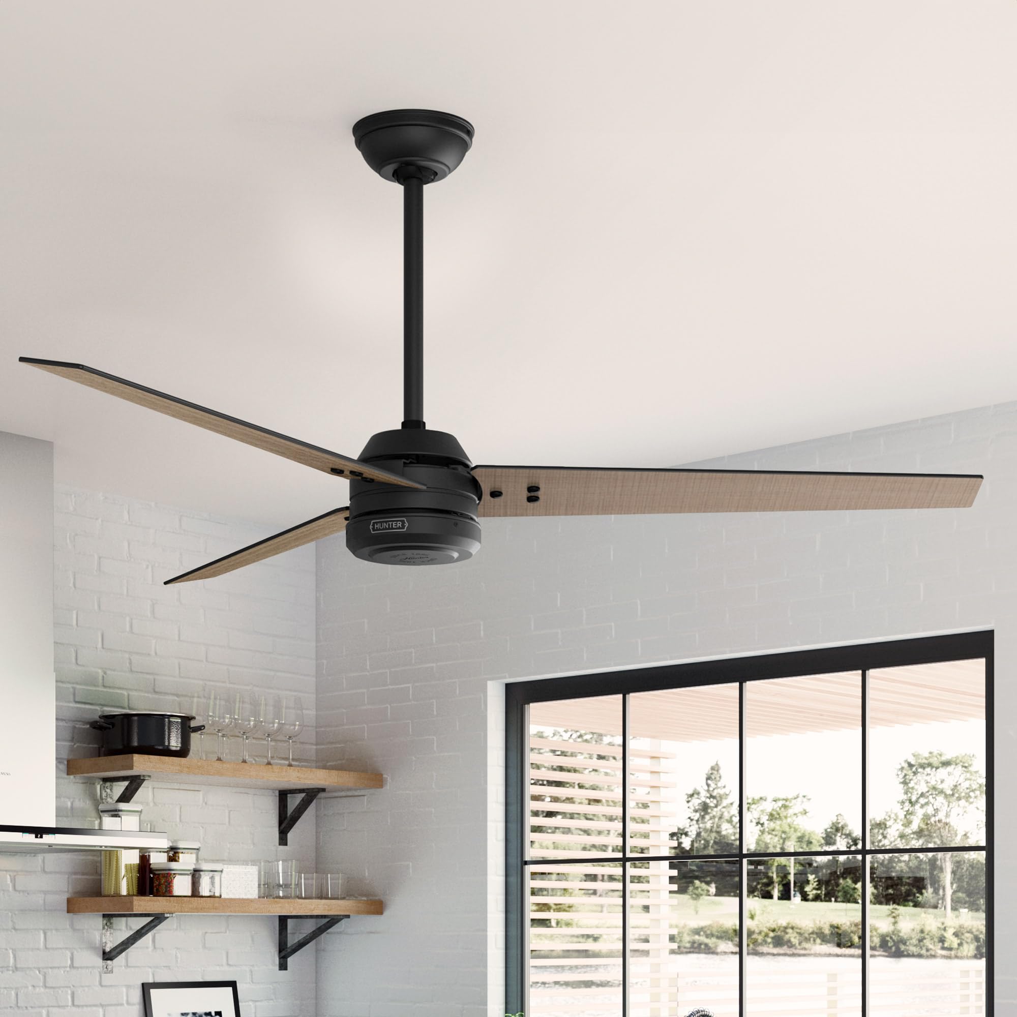 Hunter 60 inch Indoor/Outdoor Ceiling Fan No Light with Remote Control - ENERGY STAR Motor Black Ceiling Fan, 3 Blades, For Bedroom, Living Room, or