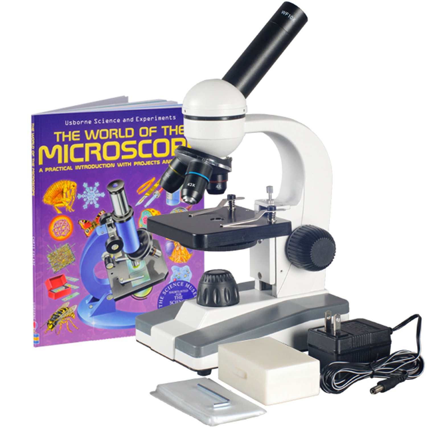 AmScope M148C-PB10-WM Compound Monocular Microscope, WF10x and WF25x Eyepieces, 40x-1000x Magnification, LED Illumination, Brightfield, Single-Lens Condenser, Plain Stage, 110V or Battery-Powered, Includes 5 Blank Slides, 5 Prepared Slides, and Book