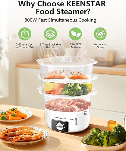 Miniatura 10 de Vaporizador eléctrico de alimentos de 13.7 cuartos de galón para cocinar, vaporizador de verduras con 3 niveles sin BPA, vaporizador digital con
