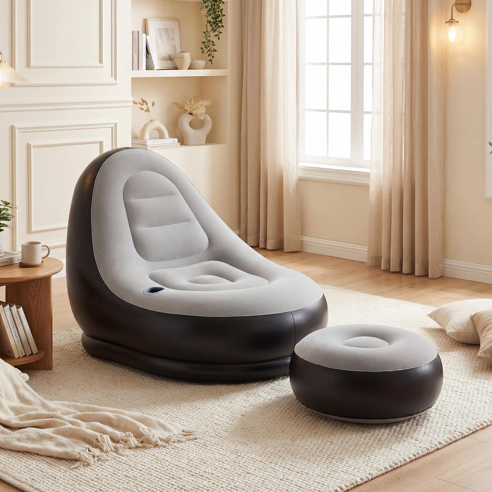 GOPLUS Aufblasbares Sofa mit Ottomane, beflocktes Luftsofa mit Getränkehalter & Reparaturflicken, tragbares Bodensofa für Innen und Außen, Sessel für Camping & Gaming