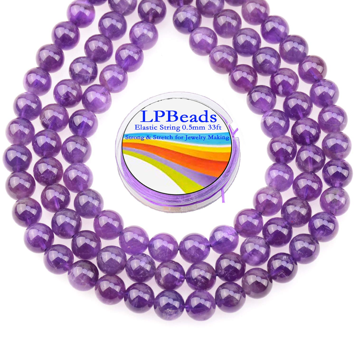 LPBeads 80 cuentas sueltas redondas de amatista natural pulidas de 10 mm con cordón elástico para hacer joyas y pulseras