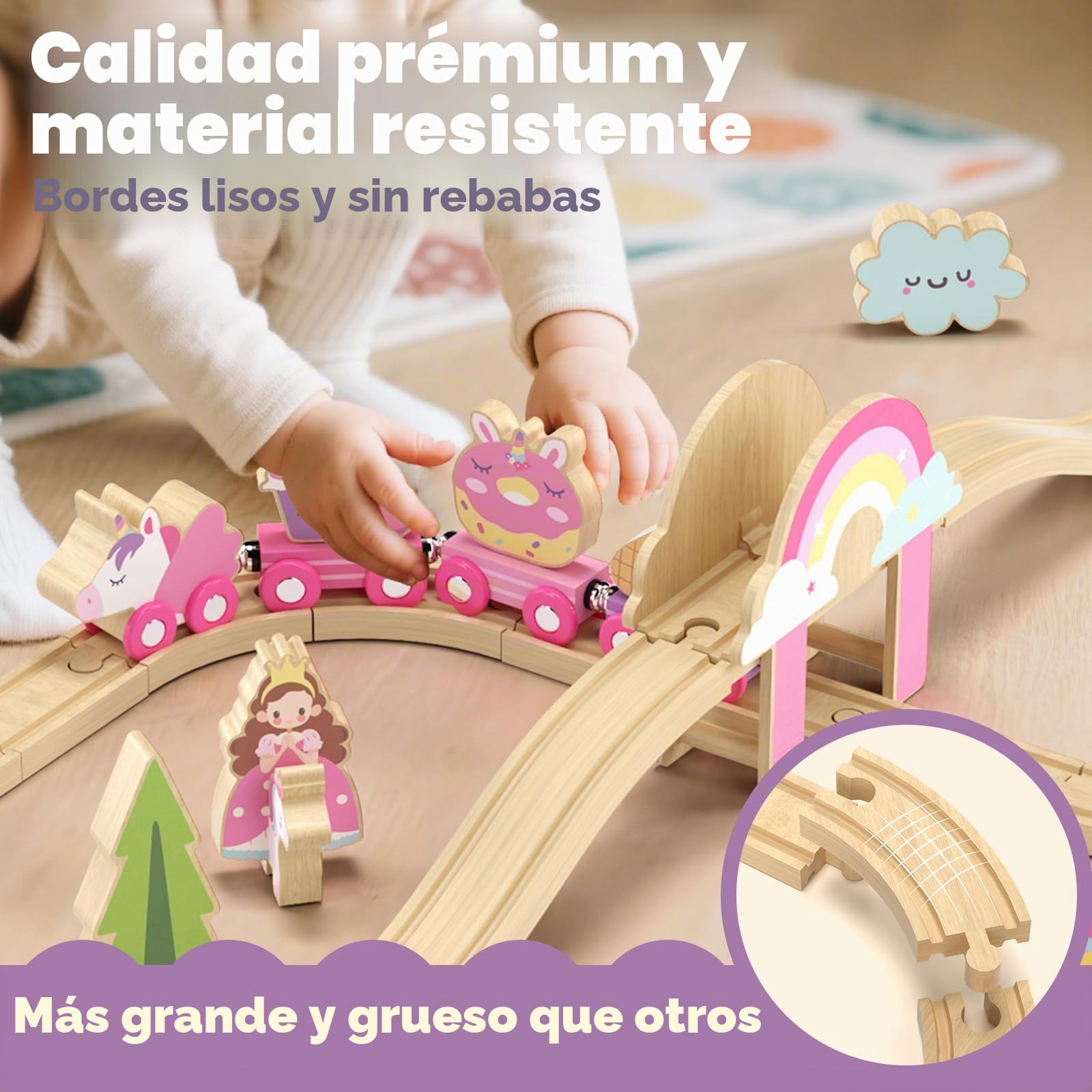 Lehoo Castle Tren Madera Juguete, Juguetes de Unicornio para Niñas, Juguete de Tren Compatible con Thomas, Brio y Hape, Juguetes para Niñas de 3 4 5