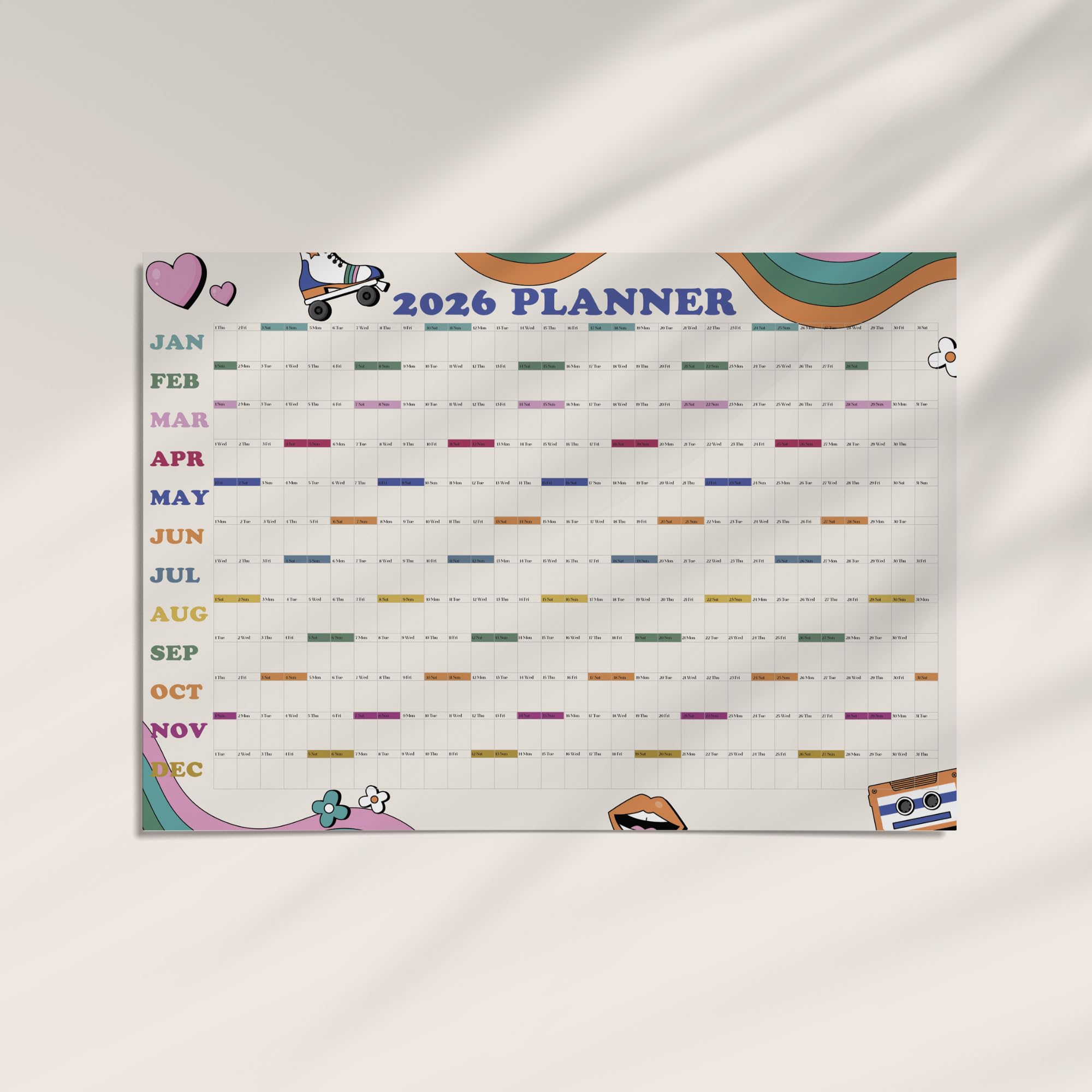 2026 Year to View Wall Calendar, A1 Large Annual Planner, Office Wall Planner, Rolled Poster or Premium Foamboard (Retro, A1 Rigid Foamboard)