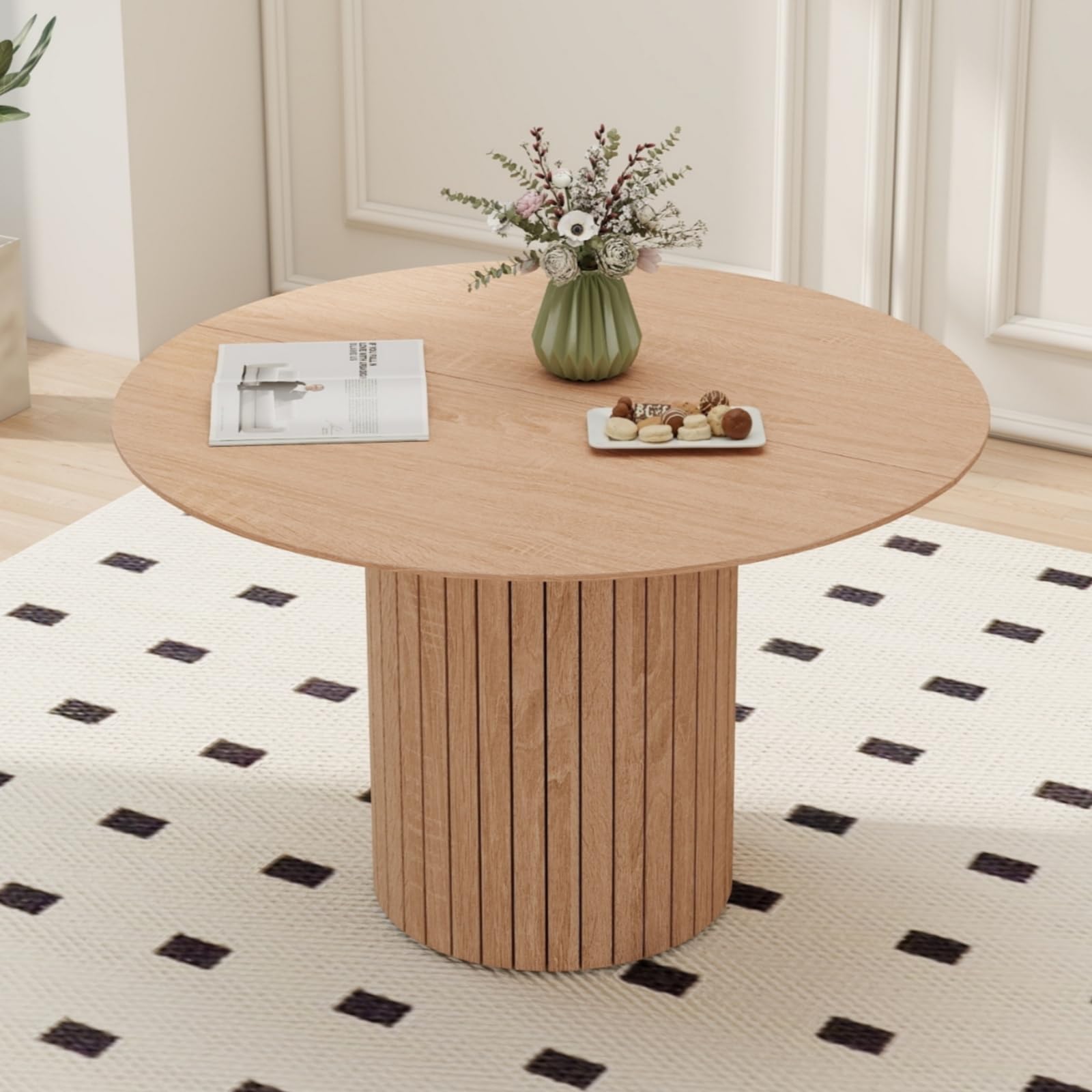 Tavolo Da Pranzo Rotondo In Legno Wabi-Sabi, Diametro 120 Cm, Base Cilindrica, Per 4-6 Persone, Stile Nordico, Marrone Chiaro
