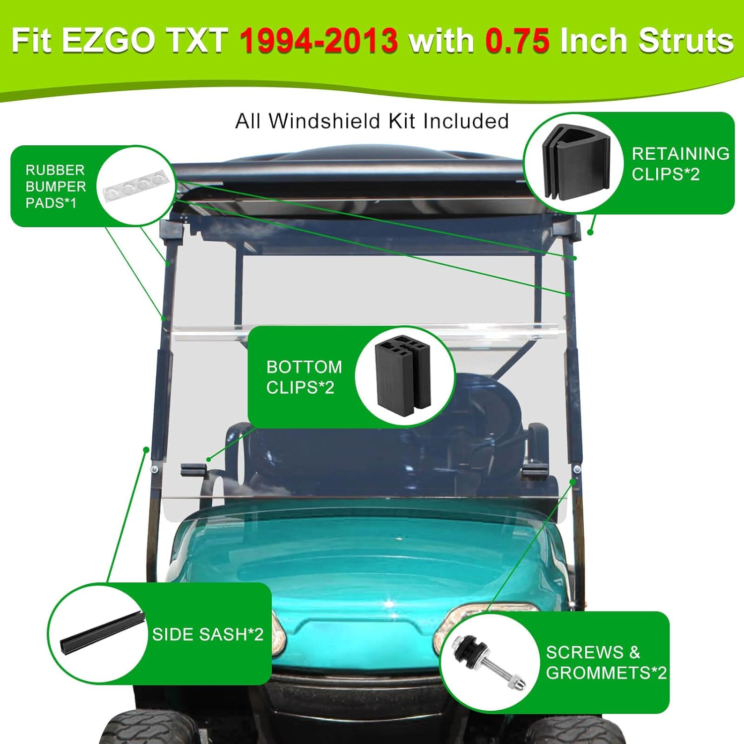EZGO TXT Golf Cart Windshield Clips Kit fit EZGO TXT DCS PDS 1994 Up Golf Carts (Notes: Check Variations for Right Struts Size)