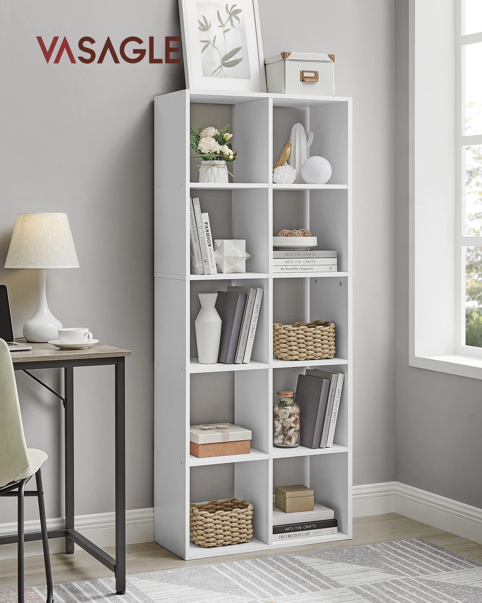 VASAGLE LBC168T14 - Scaffale portaoggetti per libreria da 10 cubi, per soggiorno, studio, ufficio, camera da letto, divisorio, stile scandinavo, bianco