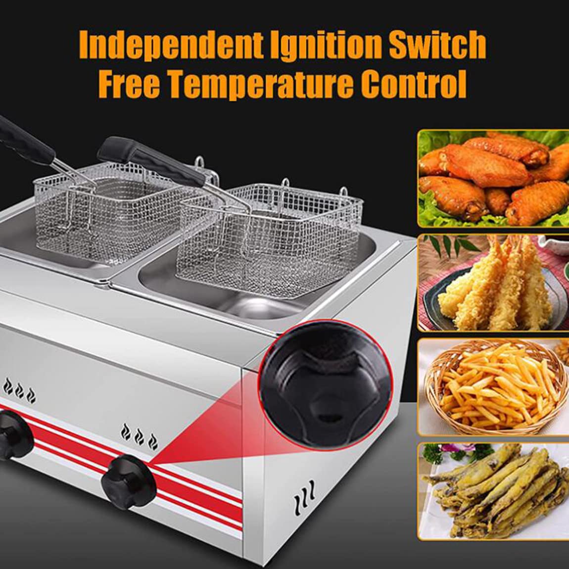 Friggitrice Professionale a Gas GPL, friggitrice Professionale in Acciaio Inox con cestelli e coperchi, per Cucina Domestica, Ristorante Commerciale, Doppio Cilindro 10L + 10L
