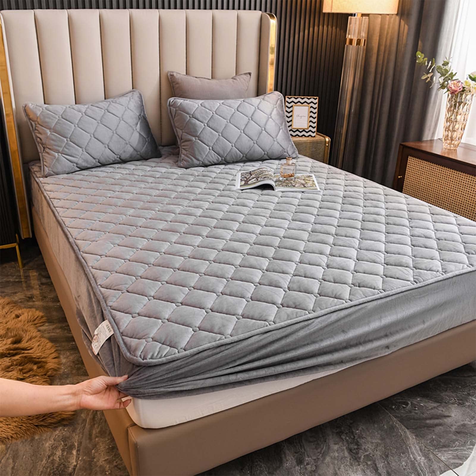 Yudeyu Grey Quilted Fitted Sheets Soft Crystal Velvet Fabric Mattress Protector Double Single Bed Toppers Overlays(Gray,80X200cm/High 10-30Cm)