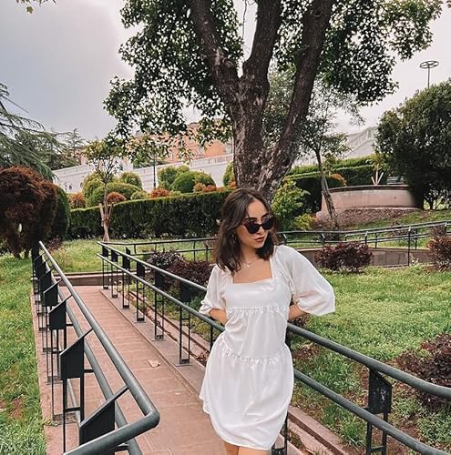 Blencot Women's Summer Square Neck Puffed Sleeve Mini Dresses Backless Lace Up Bohemian Badydoll Dresses White Small #TOP7