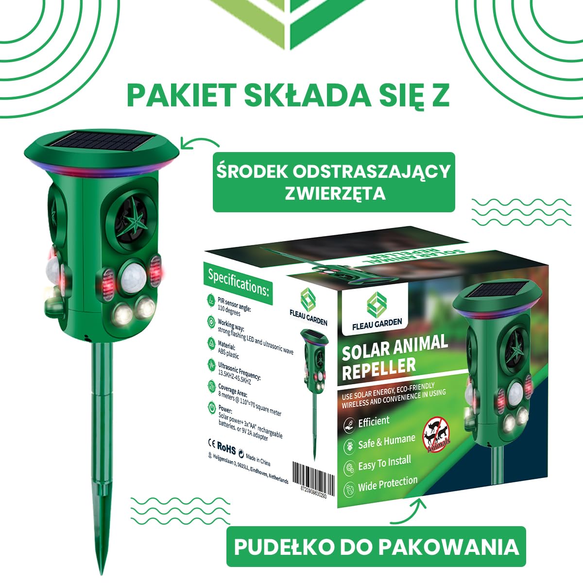 Odstraszacz kotów Fleau Garden PRO - Odstraszacz zwierząt - Ultradźwiękowy - Energia słoneczna - kun - gołębi - szkodników - Wodoodporny (Zielony — ochrona 360°)