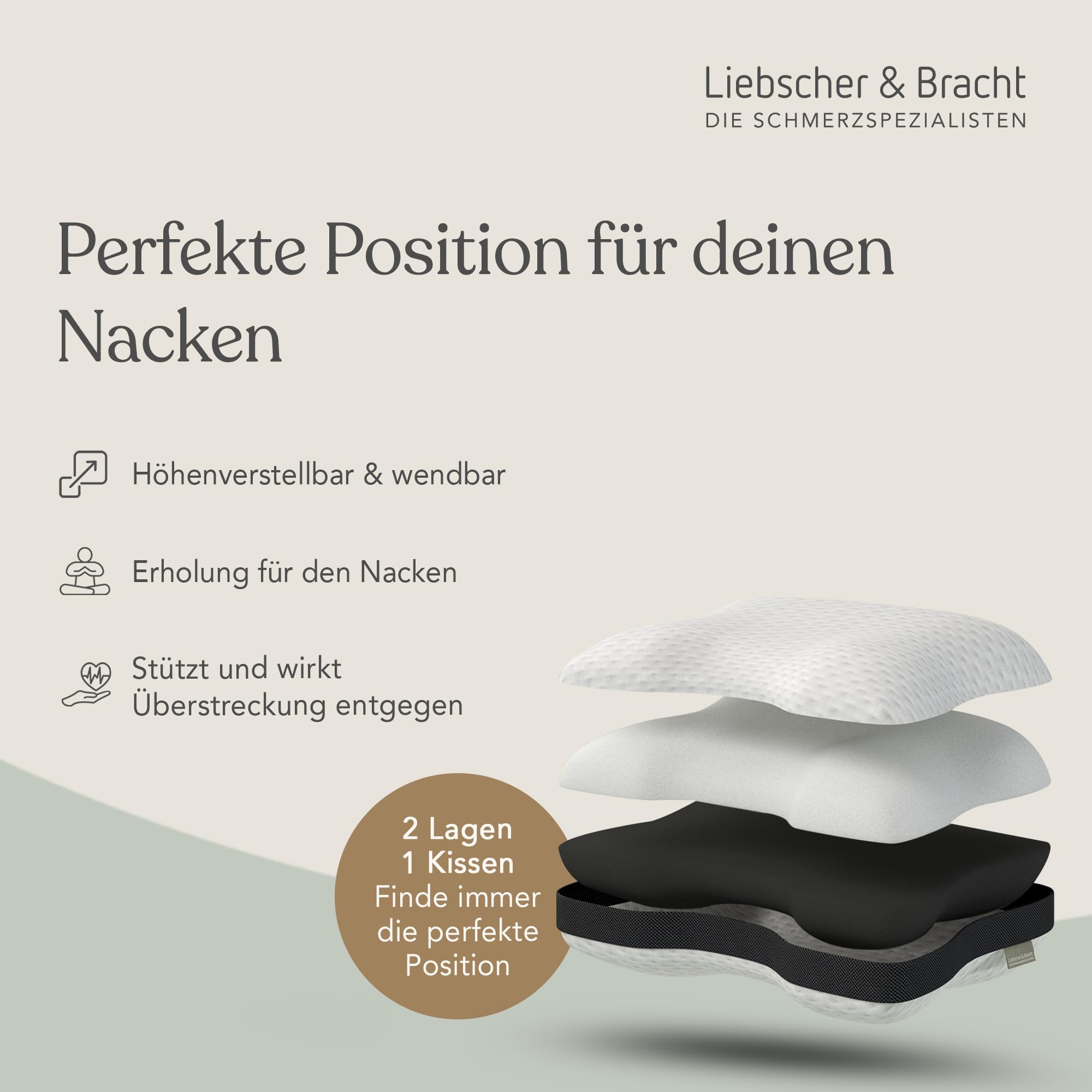Liebscher & Bracht – Nackenstützkissen orthopädisch zur Unterstützung bei Nackenschmerzen 40x55cm – Schlafkissen ergonomisch & höhenverstellbar - mittelfest & fest – Atmungsaktiv & Waschbar