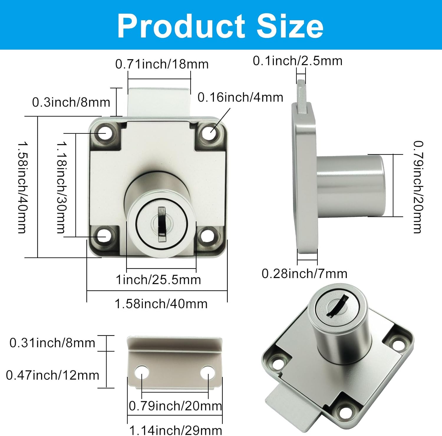 BokWin 2 Pack Furniture Security Lock with Keys for Drawer, Cabinet, Wardrobe, Office Desk, Letter Box - Silver, Easy Installation and Reliable Protection