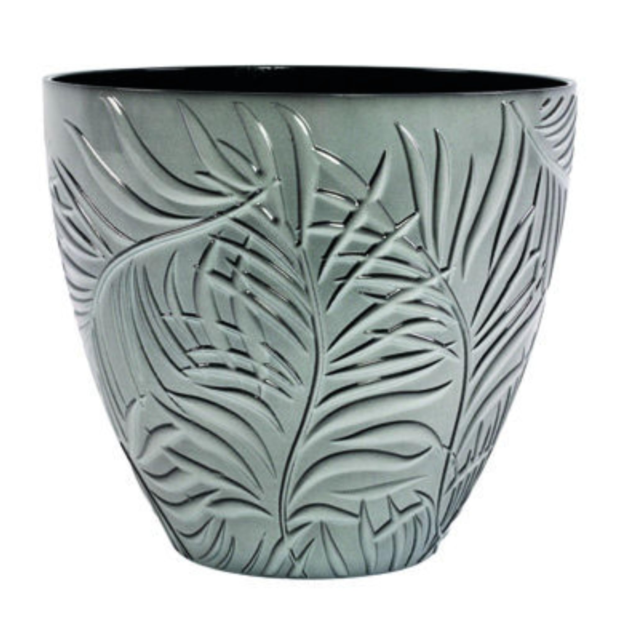 Fyne-Finds Grey Round Plastic Plant Pot 23Cm, 9Inch Fern Leaf Embossed Indoor Outdoor Flower Planter Cover (1)