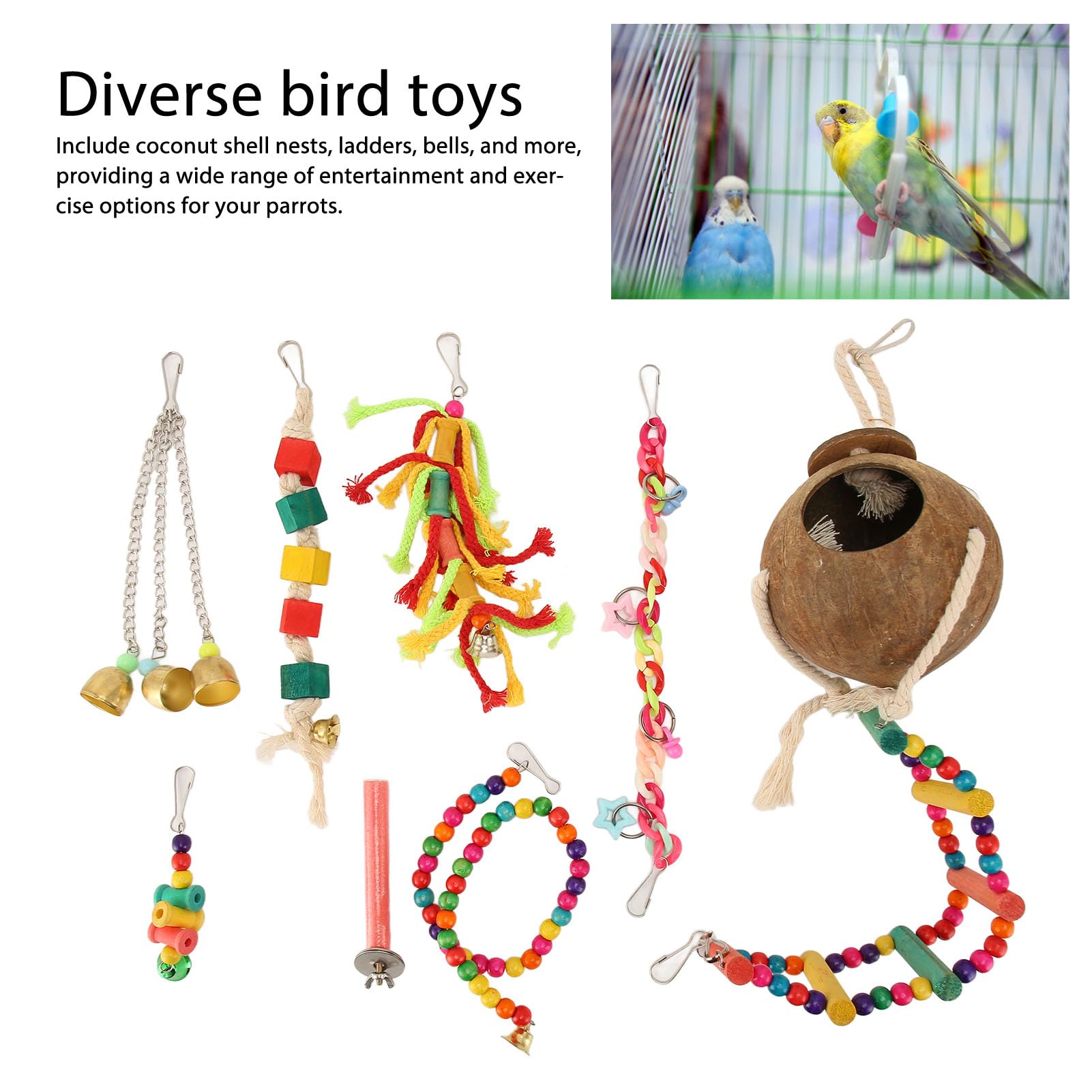 Juguete para pájaros, barra de cuerda con campana, papel masticable colorido, buscador de comida, adecuado para loros, entretenimiento y ejercicio