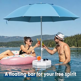 Floating Pool Umbrella for Inside of Pool with Weighted Base, UV Sun Shade & Floating Table with 4 Cup Holders, Adjustable Aluminum Pole for Swimming Pool, Beach & Lakes