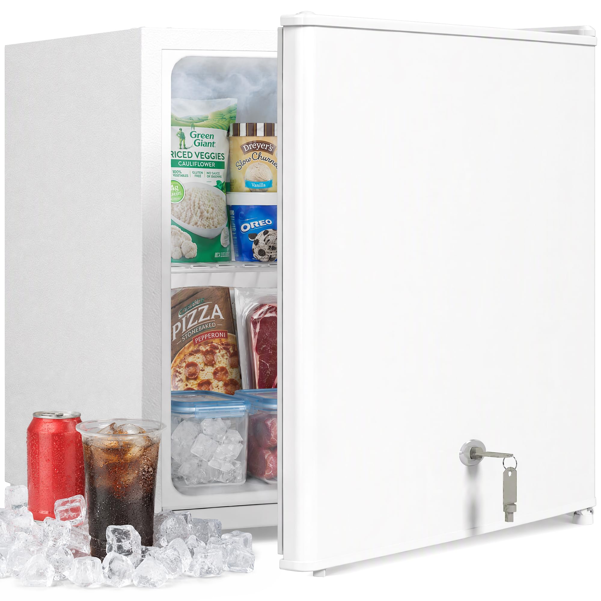 HOMCOM Congelador Mini de Mesa 35L, Puerta Reversible con Cerradura y Estante Extraíble, Temperatura Ajustable para Dormitorio u Oficina, Blanco
