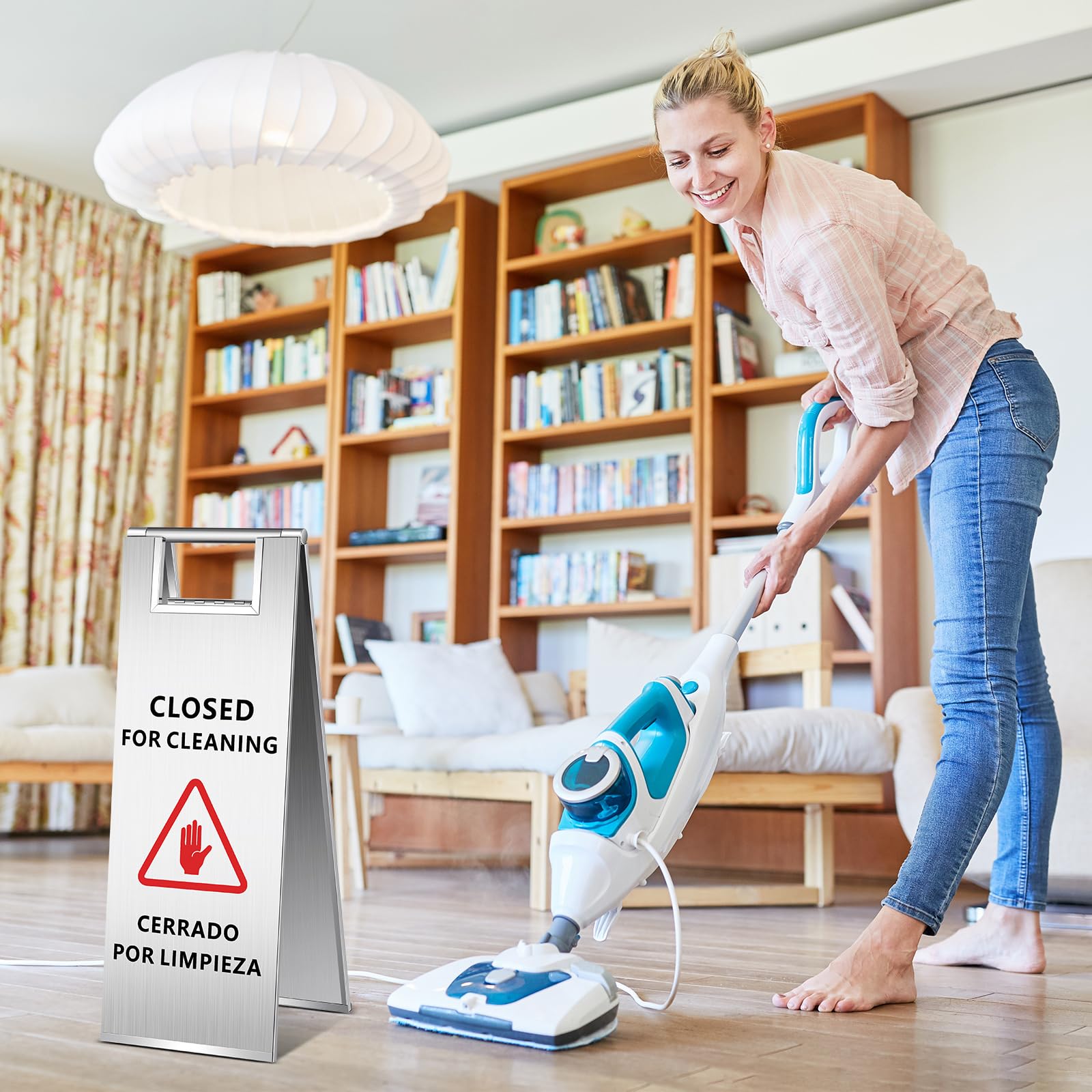 Yaocom 2 letreros de acero inoxidable cerrados para limpieza, letrero bilingüe de piso de 9.8 libras, mango cerrado, letrero de baño cerrado para limpieza, señales de advertencia industriales para