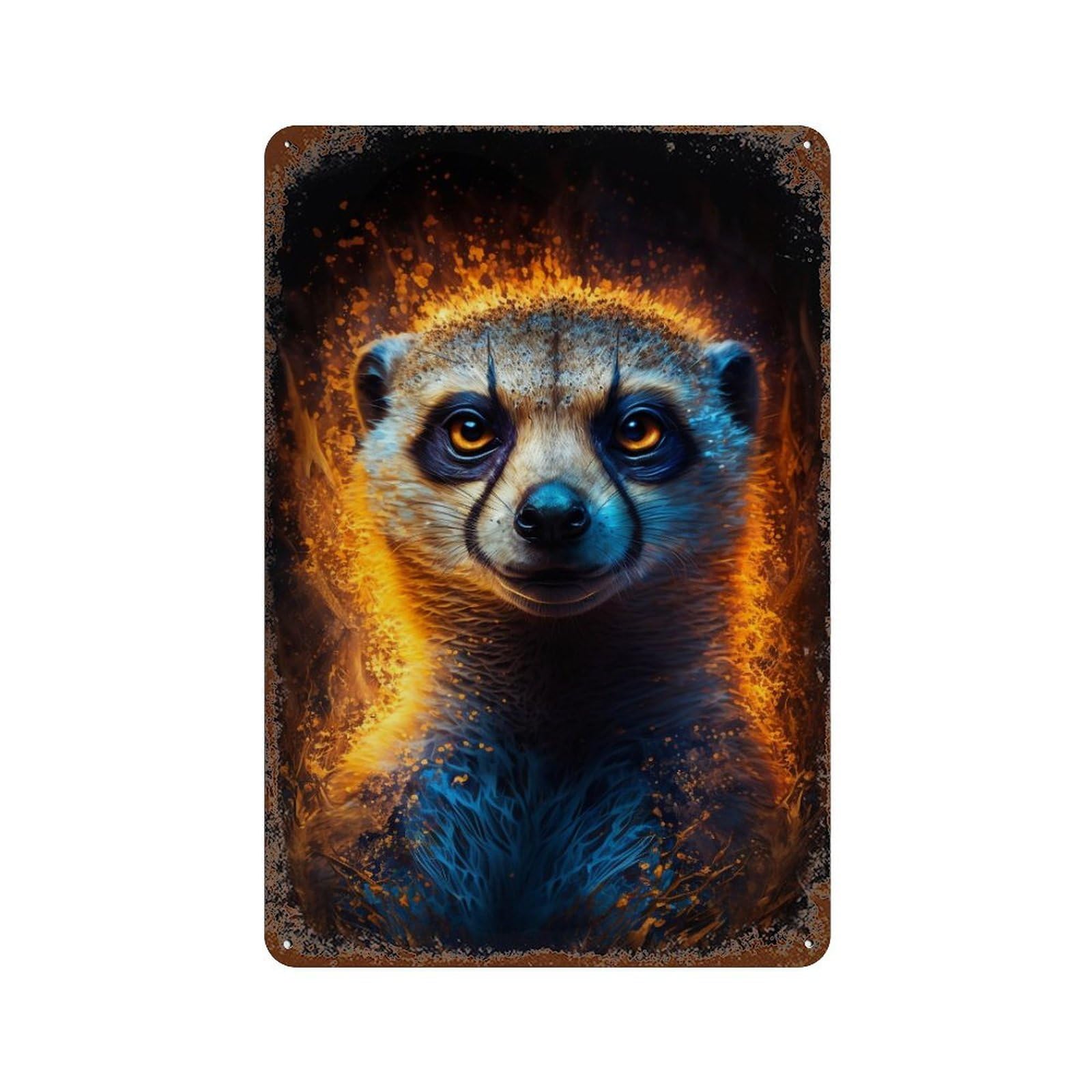 Rust Effect Flaming Meerkat Art Print Distressed Metal Wall Sign 11.8"x7.9", Shabby Chic Decor for Pub, Kitchen And Man Cave Decor