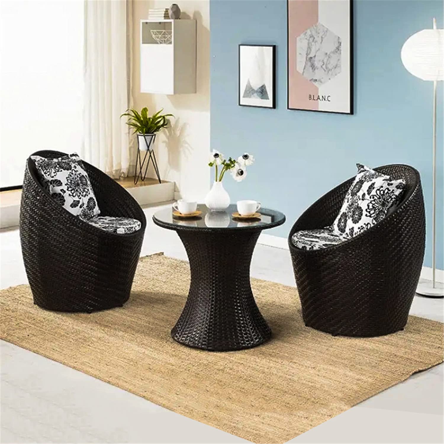 Set da bistrot in PE, set di mobili da giardino per esterni da 3 pezzi, set di mobili set da tavolo da bistrot, con 2 sedie e tavolino con piano in vetro, per giardino sul retro