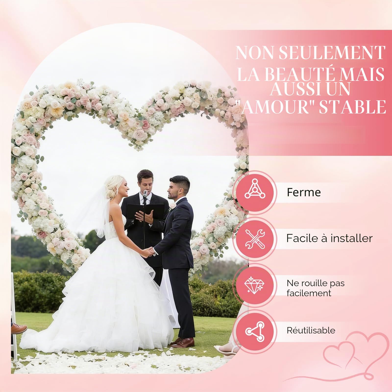 Arche de Ballons Cœur 2m x 2m en Métal avec Support, Set d’Arche en Forme de Cœur pour Mariage, Baby Shower, Anniversaire, Fête – Structure Robustes pour Décoration