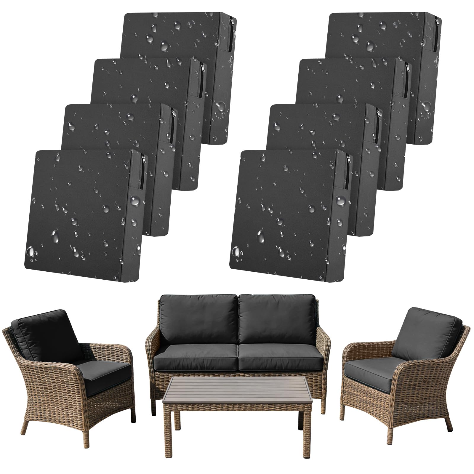 SYLC 8Pcs Outdoor Cushion Covers Waterproof Patio Cushion Covers Replacement with Zipper, Garden Rattan Sofa Seat Slipcovers Furniture Protector (Dark grey,8pcs 50×50×5cm)