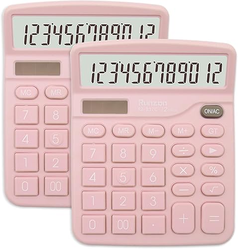 Calculadora rosa de 2 piezas, calculadora de energía dual con batería solar, calculadora de escritorio de 12 dígitos con pantalla LCD grande,