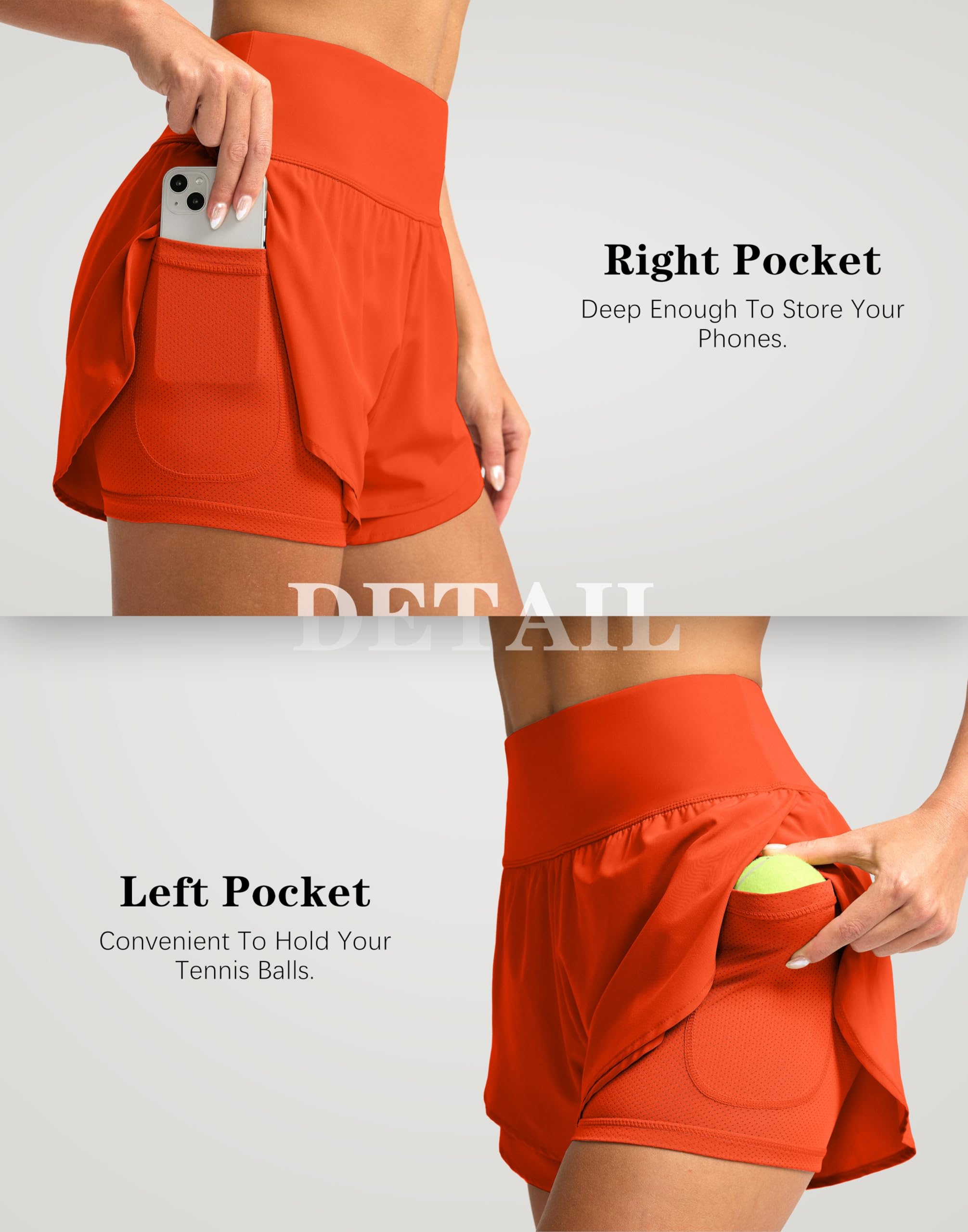 SANTINY Short de course 2 en 1 pour femme avec poches, taille haute 7,6 cm, doublure