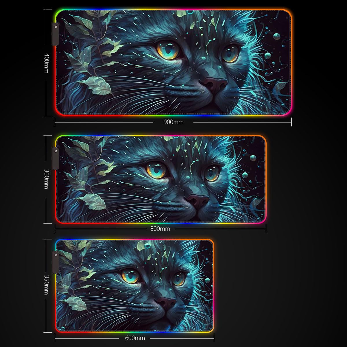 Adorabile tappetino per mouse RGB da gaming, a LED, XXL, con 14 modalità di illuminazione, 7 colori LED, 4 modalità di effetto, lavabile, 40 x 90 cm