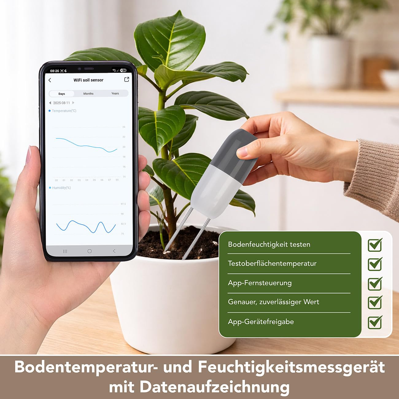 Royal Gardineer WLAN Pflanzen Sensoren: 4er-Set Smarter WLAN-Bodenfeuchtigkeits- & Temperatursensor, App (Pflanzenpflege Sensor, Boden Temperaturmessgerät)