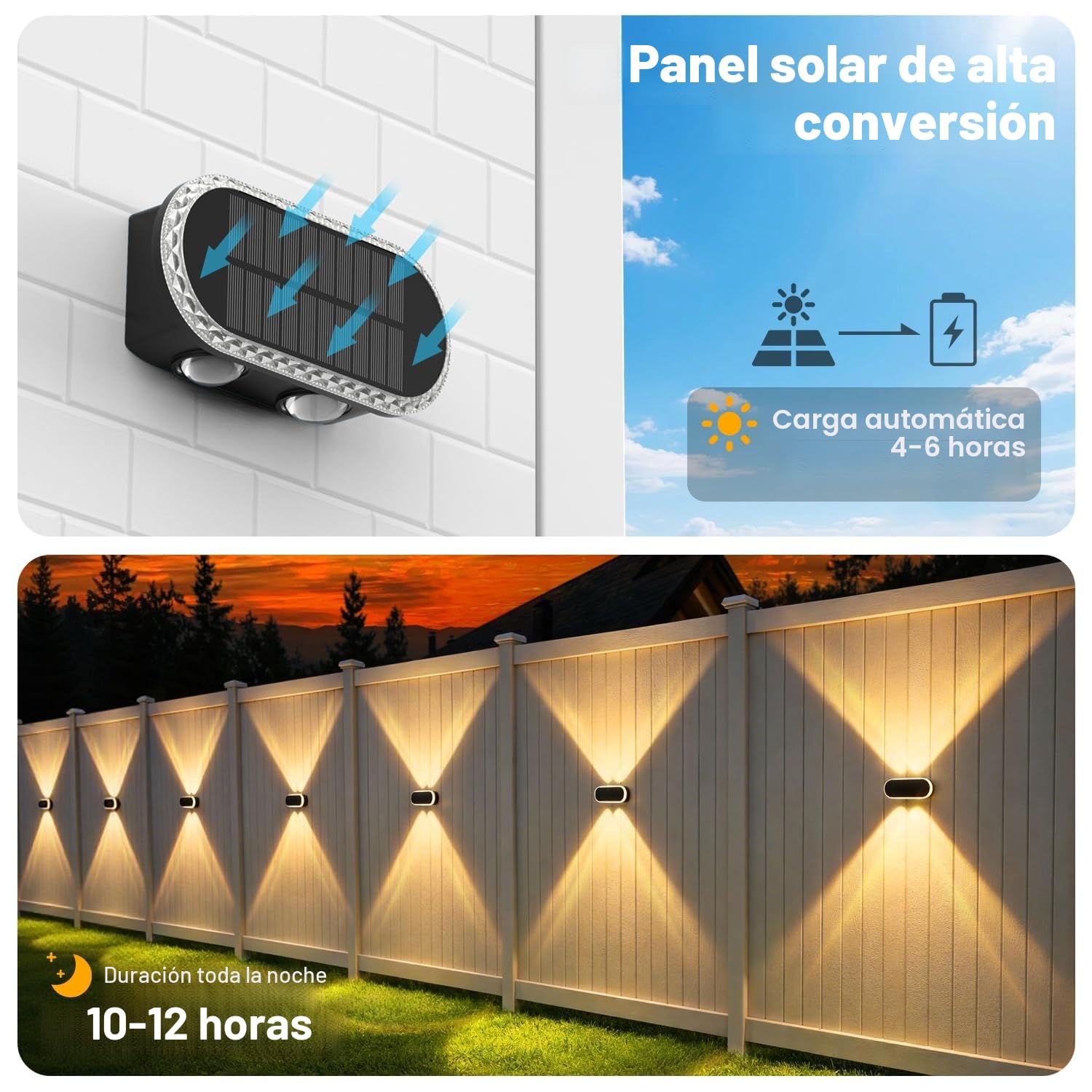 Aplique Solar Exterior Pared: Lámparas Solares Exteriores Arriba y Abajo - IP65 Impermeable Luces Solares Exterior para Jardin Garaje Cerca Muro (4 Piezas)