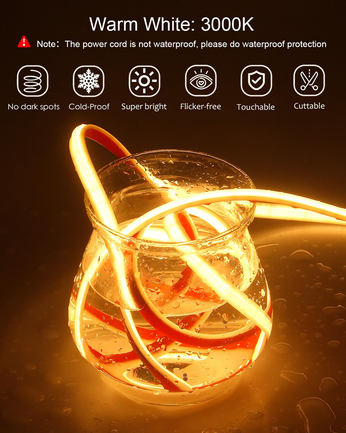 ALITOVE 24V Warm White COB LED Strip 3000K Waterproof IP68 Bright LED Rope Lights Outdoor 16.4ft CRI>90 1200LEDs for Bedroom Home Garden Patio Lighting(Power Supply Needs to be Purchased Separately)