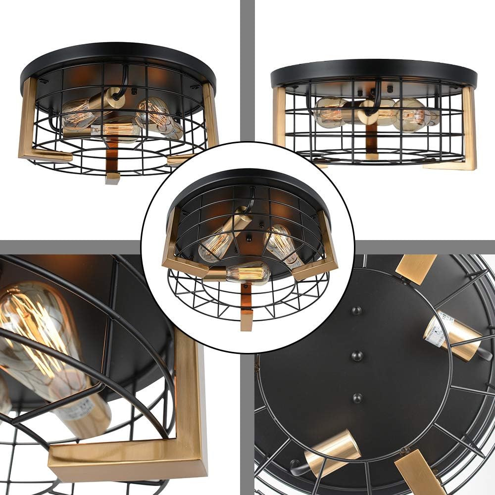 Buу 1 gеt 1 Bizinlumin Round Black and Gold Metal Cage Ceiling Light, Modern Luxury Flush Mount Light Fixture Industrial Foyer Bedroom Close to Ceiling Light 3-Light E26 Edison BY19007G