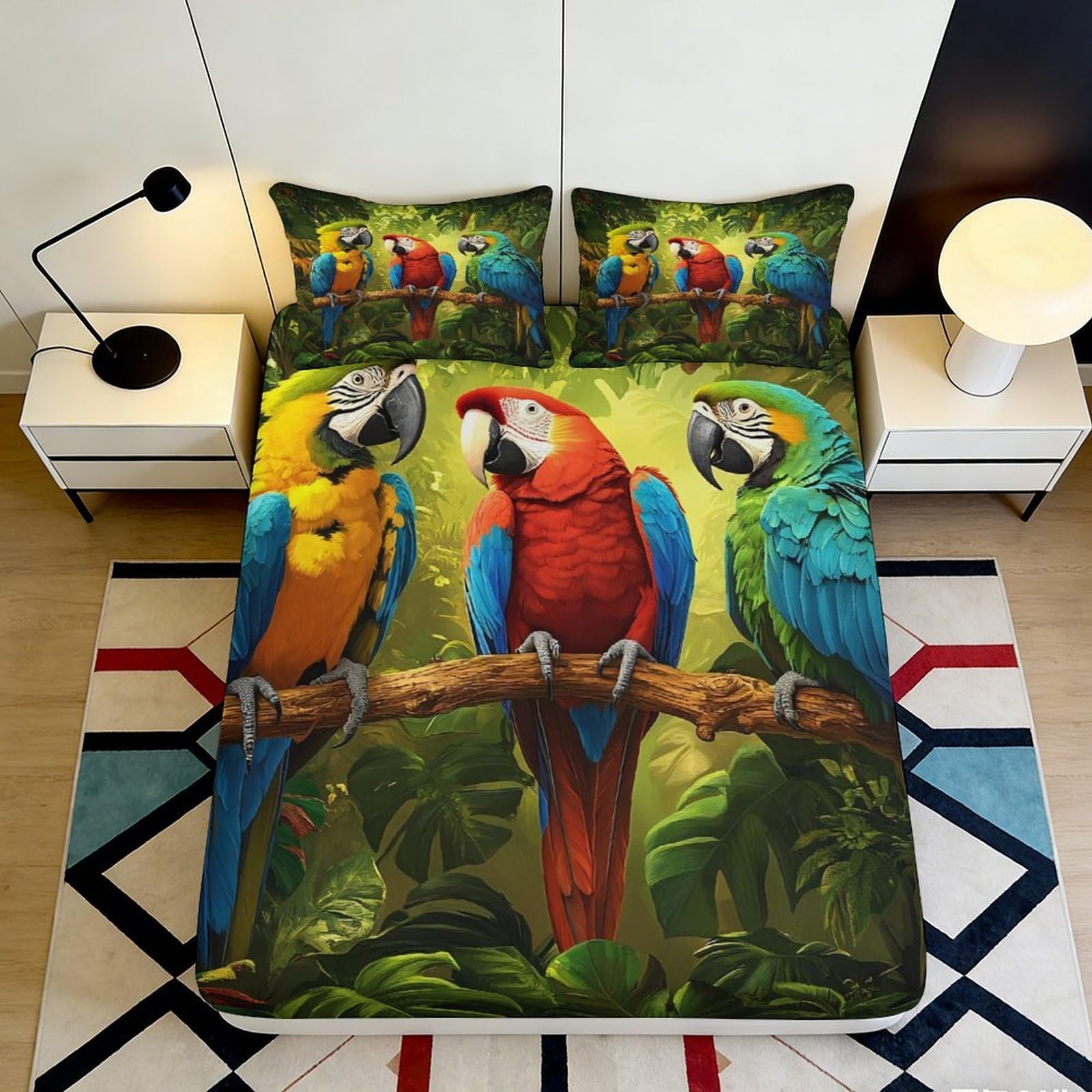 Pnayamiorkfel Style-1 3D Printed Tropical Parrot Fitted Sheet Microfiber Soft Vibrant Rainforest Bed Cover For Bedroom Guest Room Decor 90X200x25cm