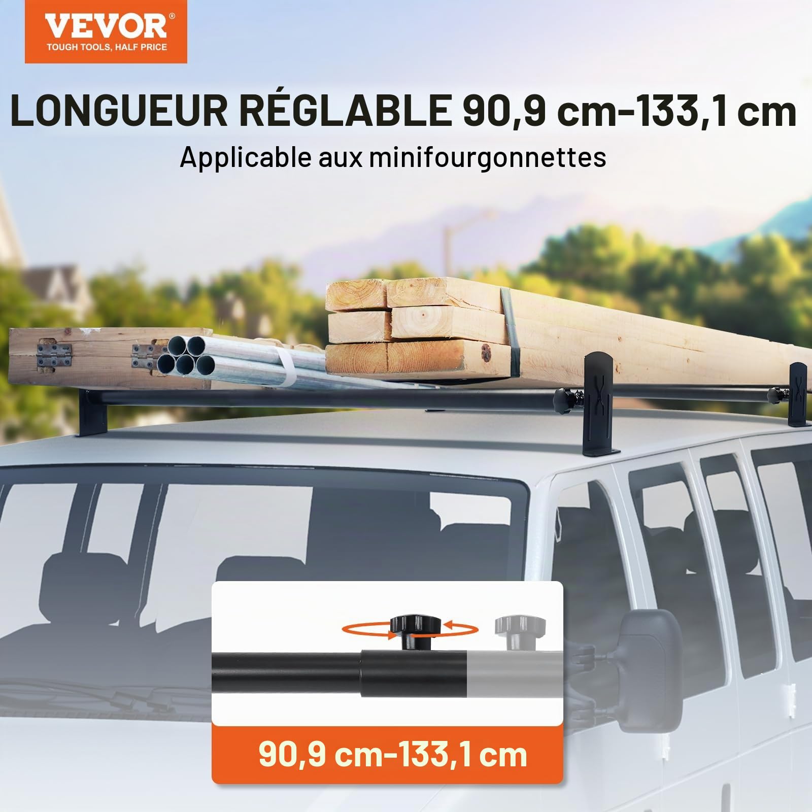 VEVOR Porte-Échelles de Toit pour Camionnette, Porte-Bagages en Acier Allié 2 Barres, Barre de Toit pour Gouttière de Pluie, Capacité de Charge 226,8 kg, Réglables 91-133 cm, pour Fourgonnettes