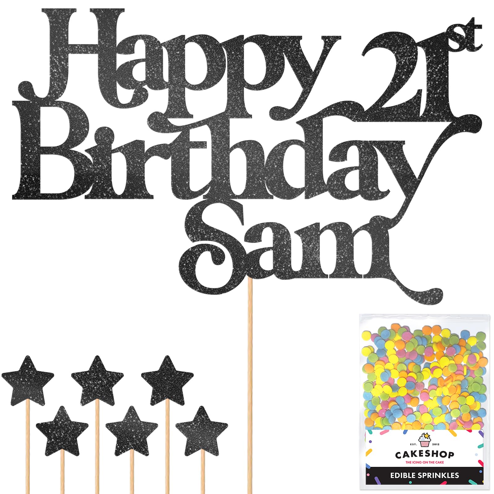 Personalised Happy Birthday Glitter Cake Topper - Black Any Name & Any Age Glitter Cake Decoration and Sprinkles - Happy Birthday Decorations - Personalised Toppers for Cakes by Cakeshop