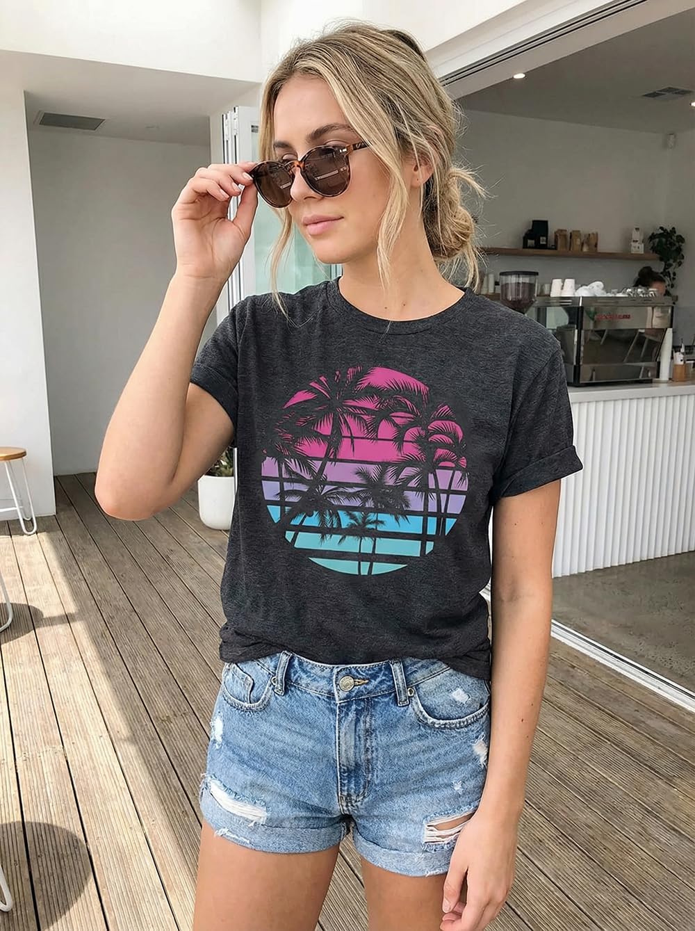 Hawaiian Shirts for Women Palm Trees Beach Graphic Tee Tops Summer Vacation Short Sleeve Tshirt Tops - Image 6