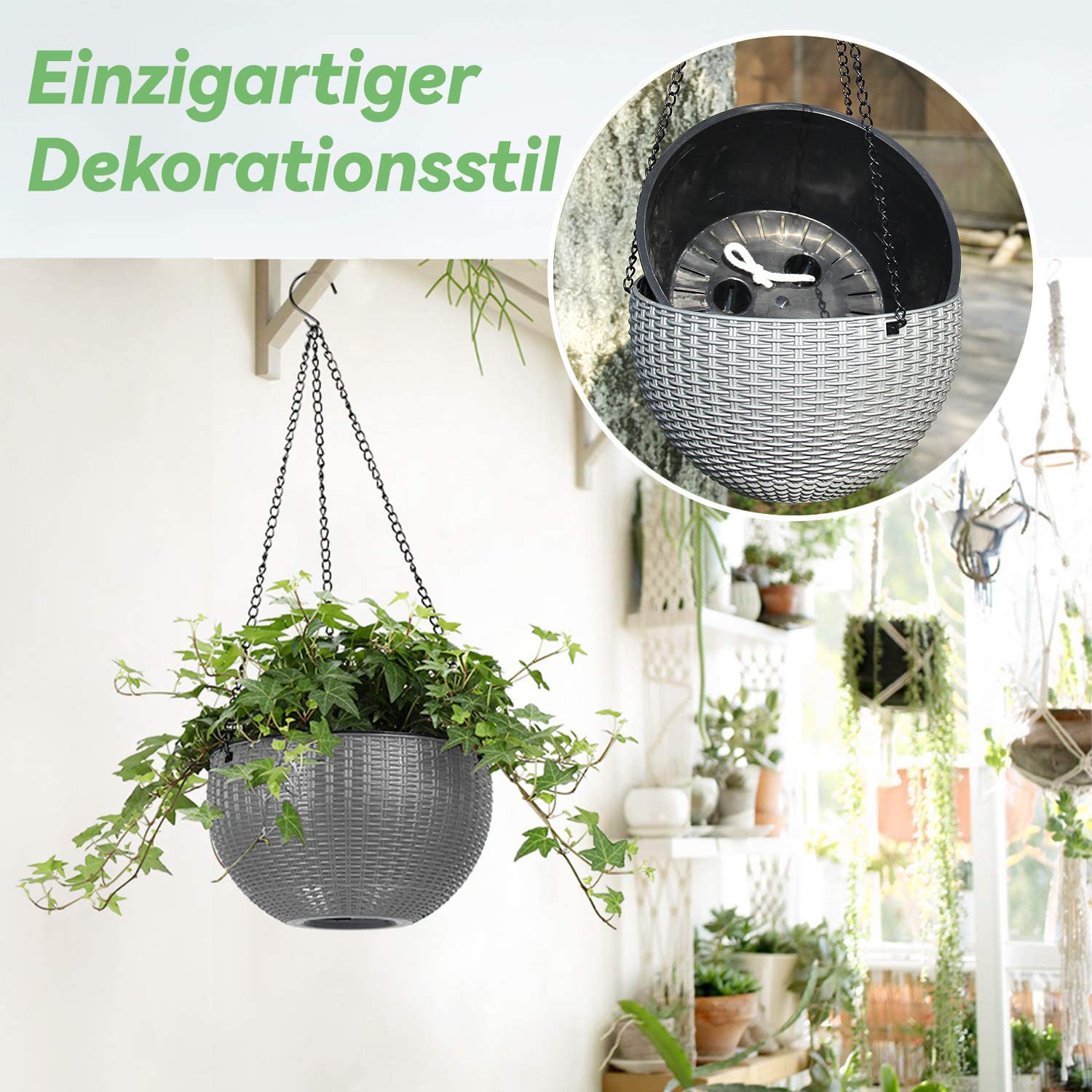 2 Stück Blumenampel Außen, Ø 35cm Selbstbewässerung Blumentopf Hängend, Hängeampel Outdoor Kunststoff, Hängeblumentöpfe mit Rostfrei Ketten, Hängeampeln für Draußen Innen Decken Pflanzen