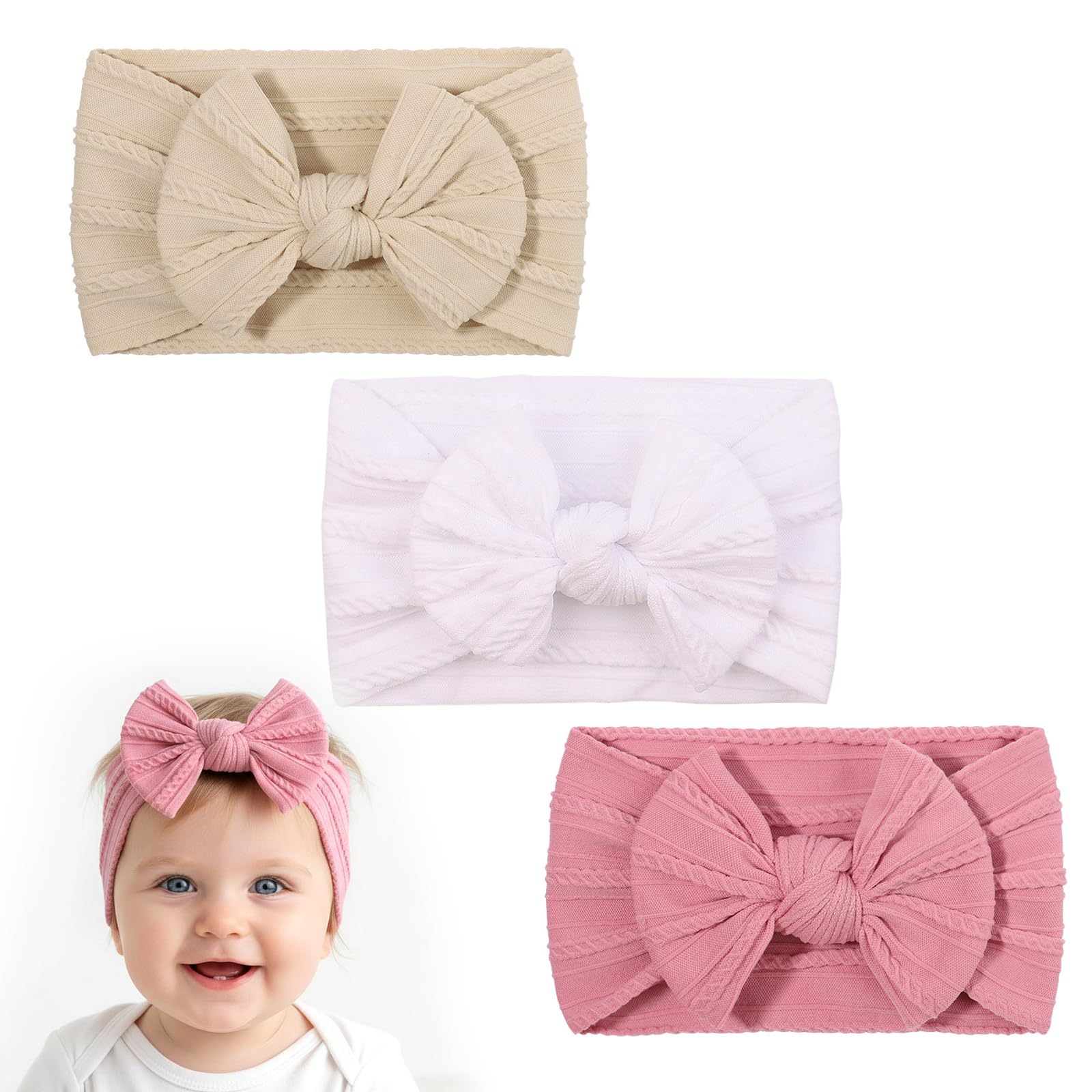 3PCS Baby Headbands, Soft Newborn Headbands with Large Bows, Newborn Hairbands Cute Headwear