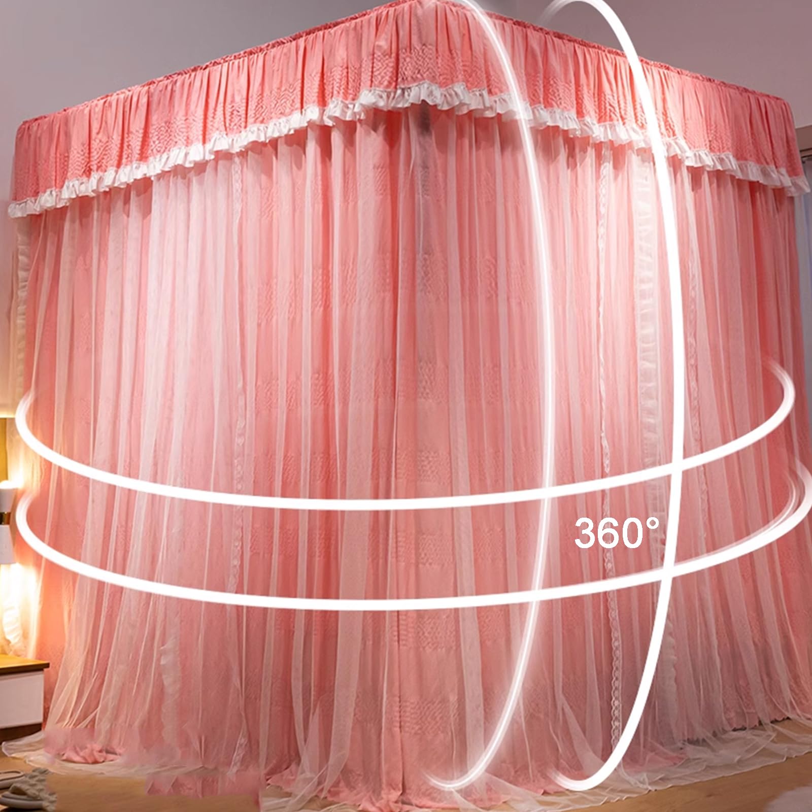 Princess 4 Postes De Esquina Mosquitera Y Cortinas Opacas para Cama Cortina De Cama con Dosel Acogedor De Doble Capa, Protección De Privacidad para Decoración De Toldos De Dormitorio