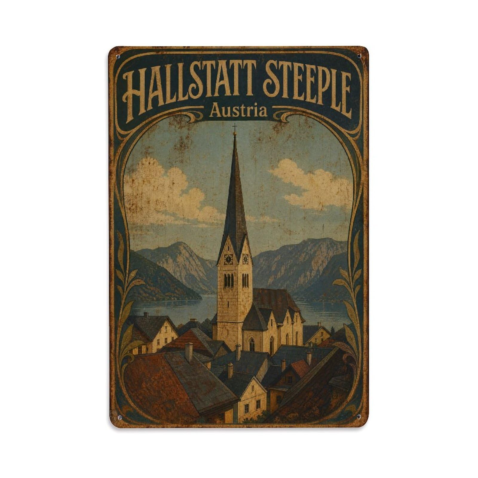 Gead 8X12inch Style Vintage Travel Hallstatt Austria Steeple Metal Tin Sign