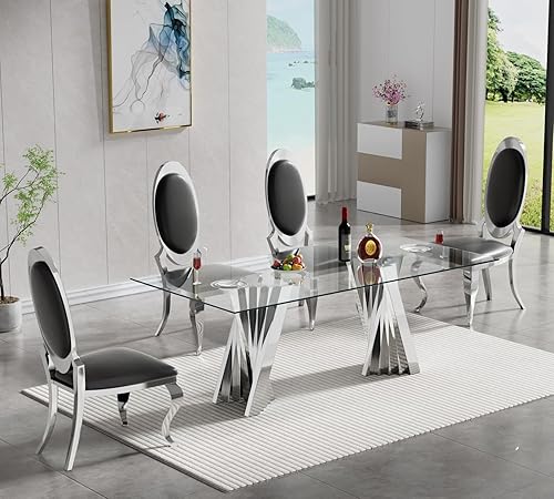 Miniatura 20 de SSLine Moderno juego de mesa de comedor de cristal de 7 piezas para 6 mesas de cocina y sillas de cristal dorado de lujo para 6 elegantes mesas de