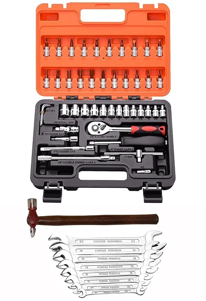 Digital Craft Multifunction Hand Tool Kit Car Ratchet Wrench Assembly Tool Household Repair Tools Automotive Set 46PC Socket Set,Hammer 200 gm,8Pc Double Open Spanner Set,