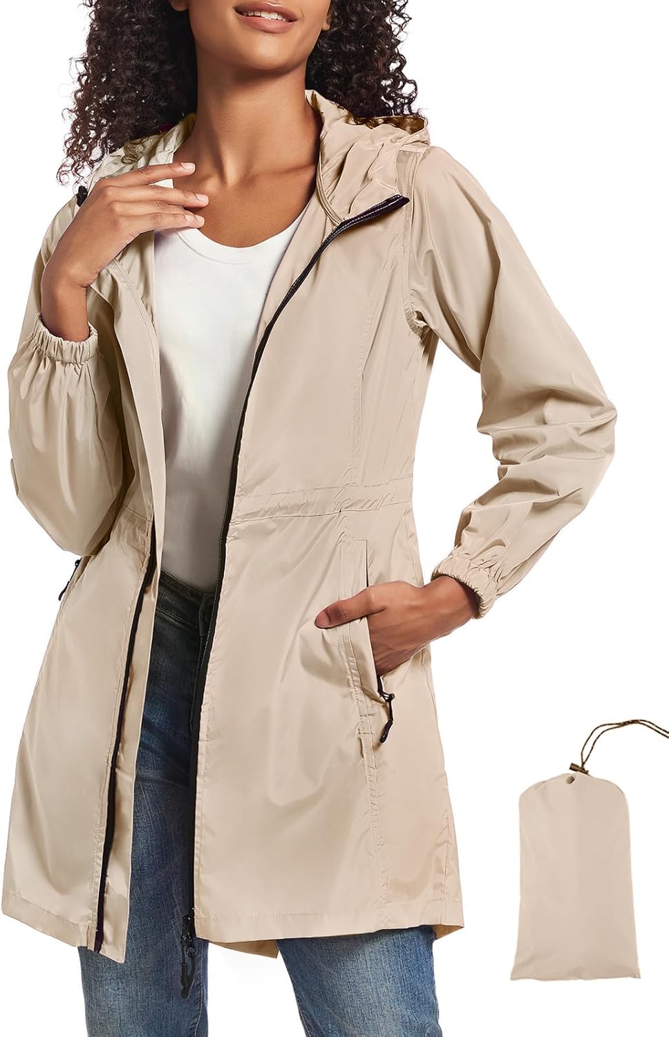 SaphiRose Women's Long Packable Raincoat Waterproof Rain Jacket Lightweight Outdoor Windbreaker with Hood