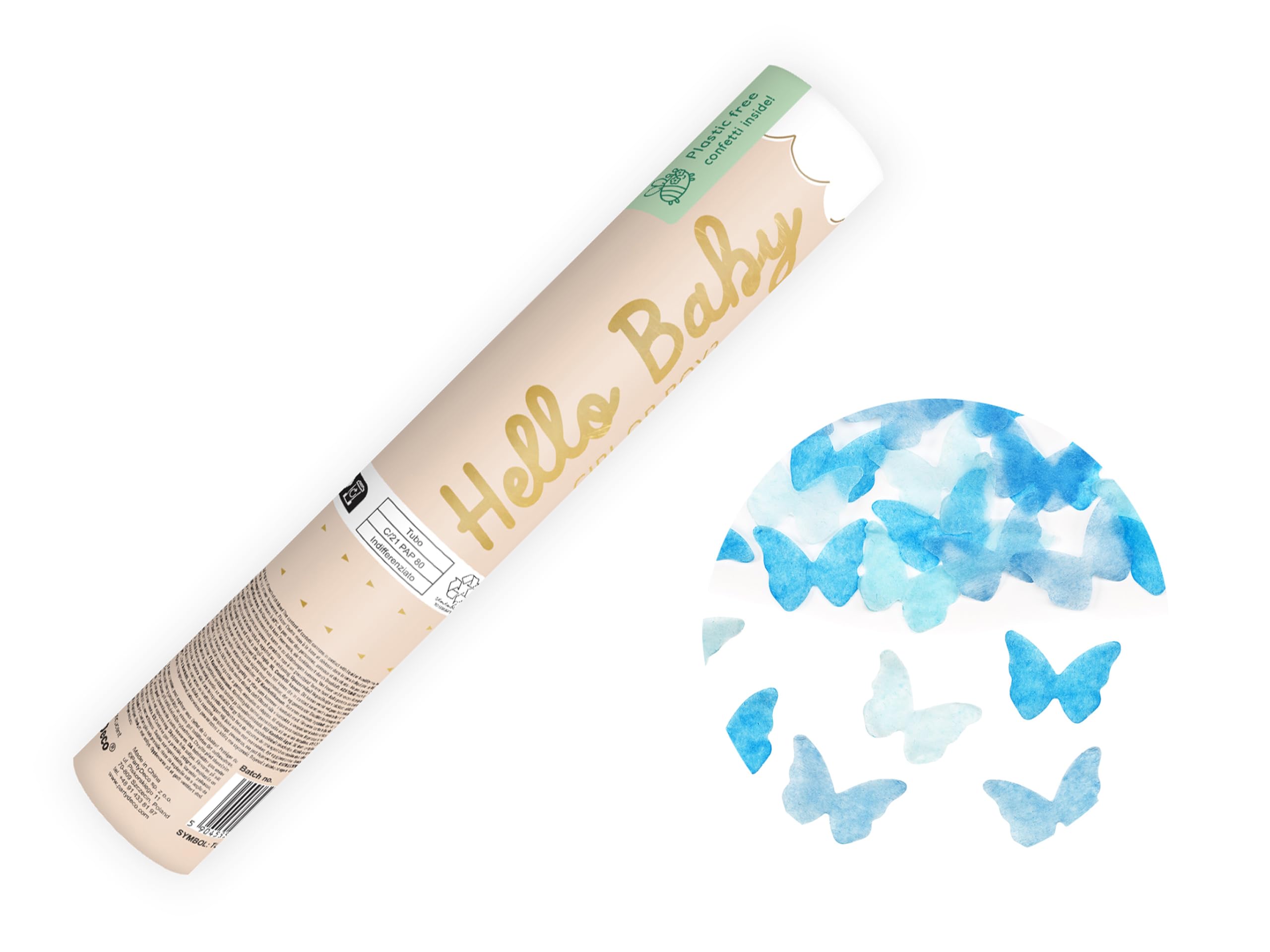 Konfettikanone Baby Geschlecht Junge Schmetterlingskonfetti 20cm x 24 Stk - 5 bis 8 m Effekthöhe - Konfetti Kanone Babyparty Gender Reveal Party - Partypopper Konfettiregen - Konfettibombe