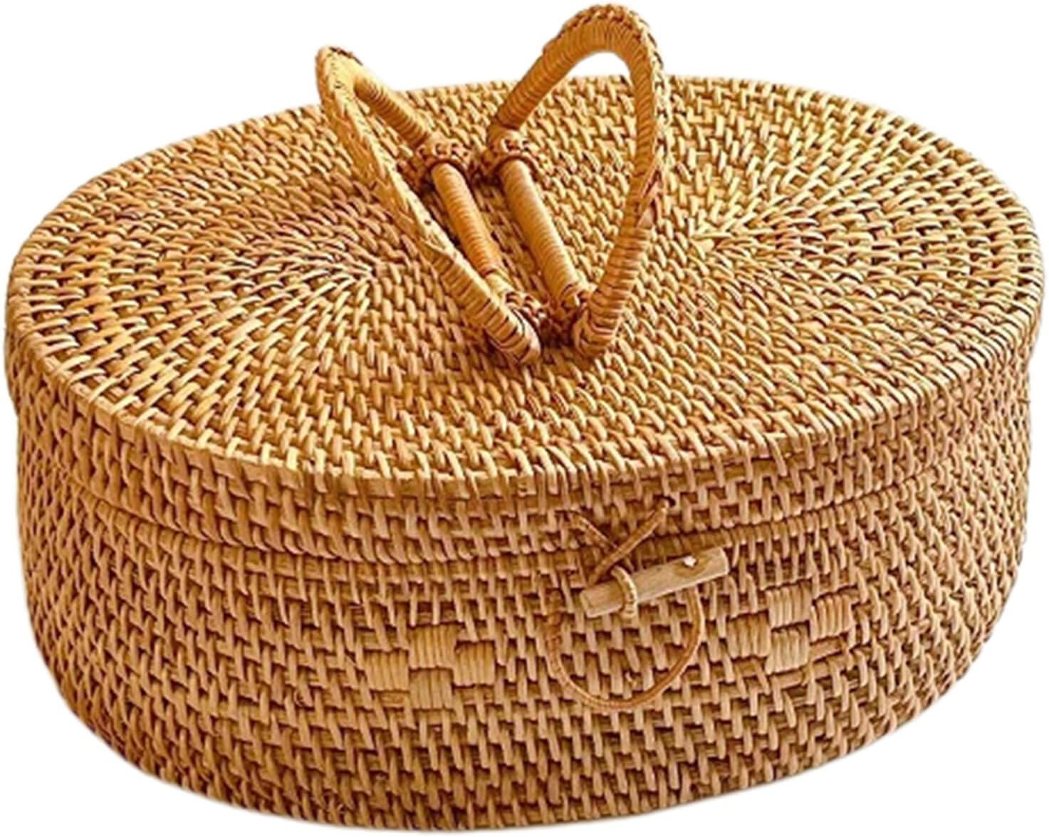 Oval Rattan Storage Basket with Handle and Lid, 30x22x12cm Woven Picnic Tote for Outdoor Snack and Food Organization, Natural Seagrass Wicker Basket for Patio and Travel