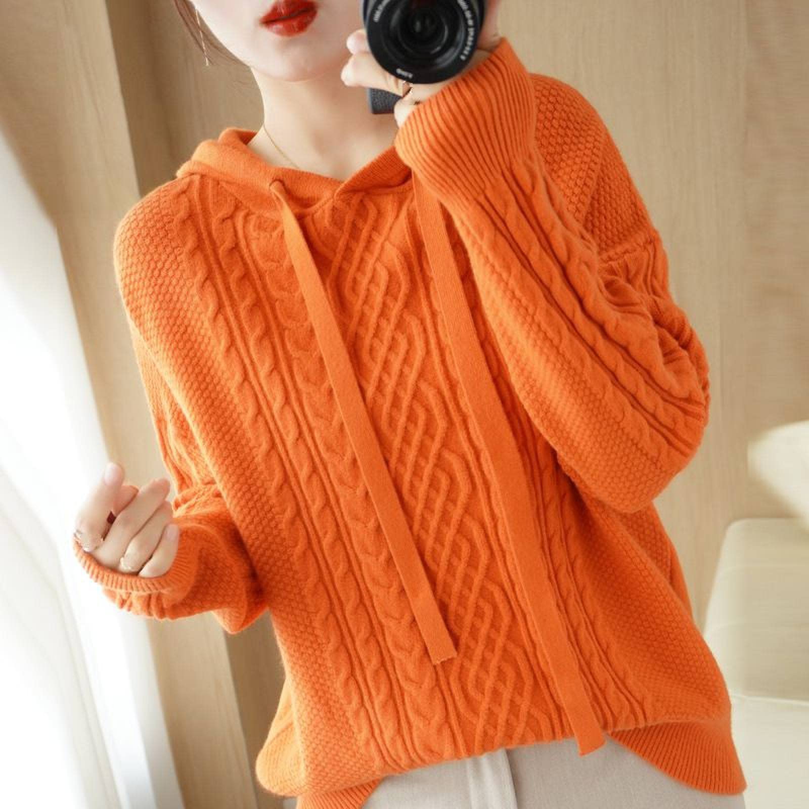 Sudaderas De Color Sólido De Manga Larga Sueltas De Otoño E Invierno - Jersey Con Capucha De Botón De Moda, Sudaderas Con Capucha De Punto Casual Para Mujeres Camisa De Fondo Dibujar, Camisetas Co