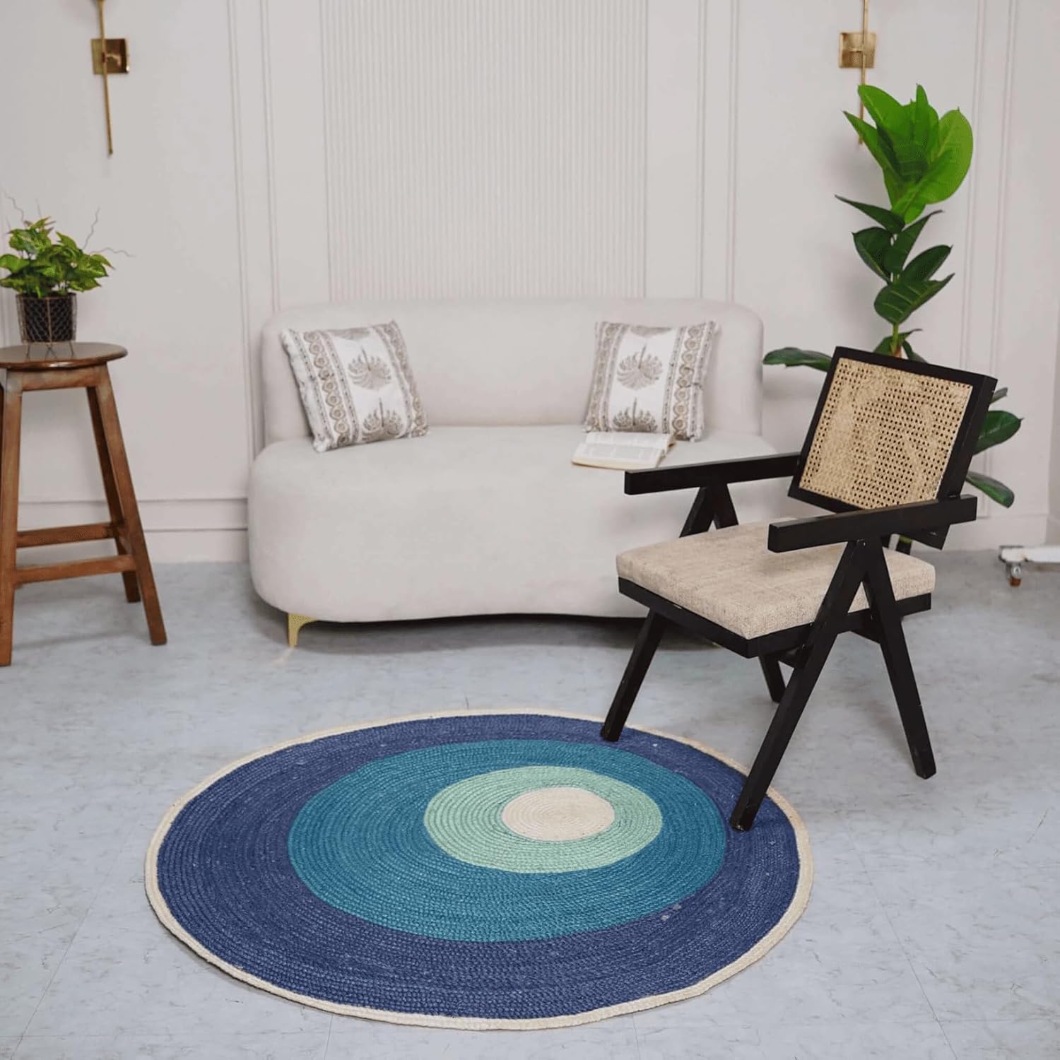 Handmade Round Jute Area Rug with Multi Color Circle Design Natural Fiber Indoor Carpet for Living Room Bedroom Entryway Flat Woven Floor Rug