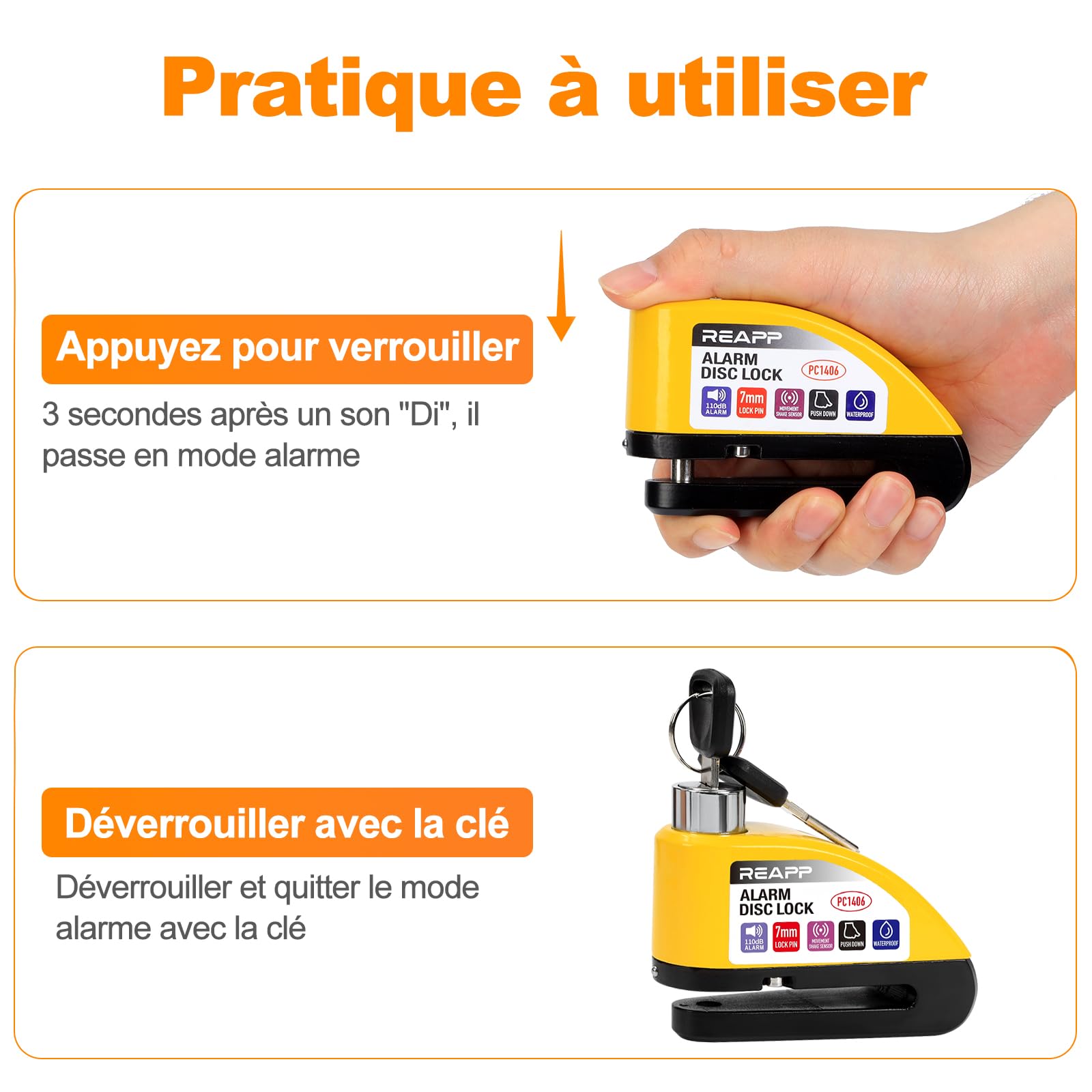 REAPP Antivol Moto Renforcé, Bloque Disque Alarme 110dB, Piles de rechange | Antivol Essentiel, Étanche, Bloc Disque Haute Sécurité, Câble de Rappel 1,5 m et Sac, Compatible Moto/Vélo/Scooter à disque