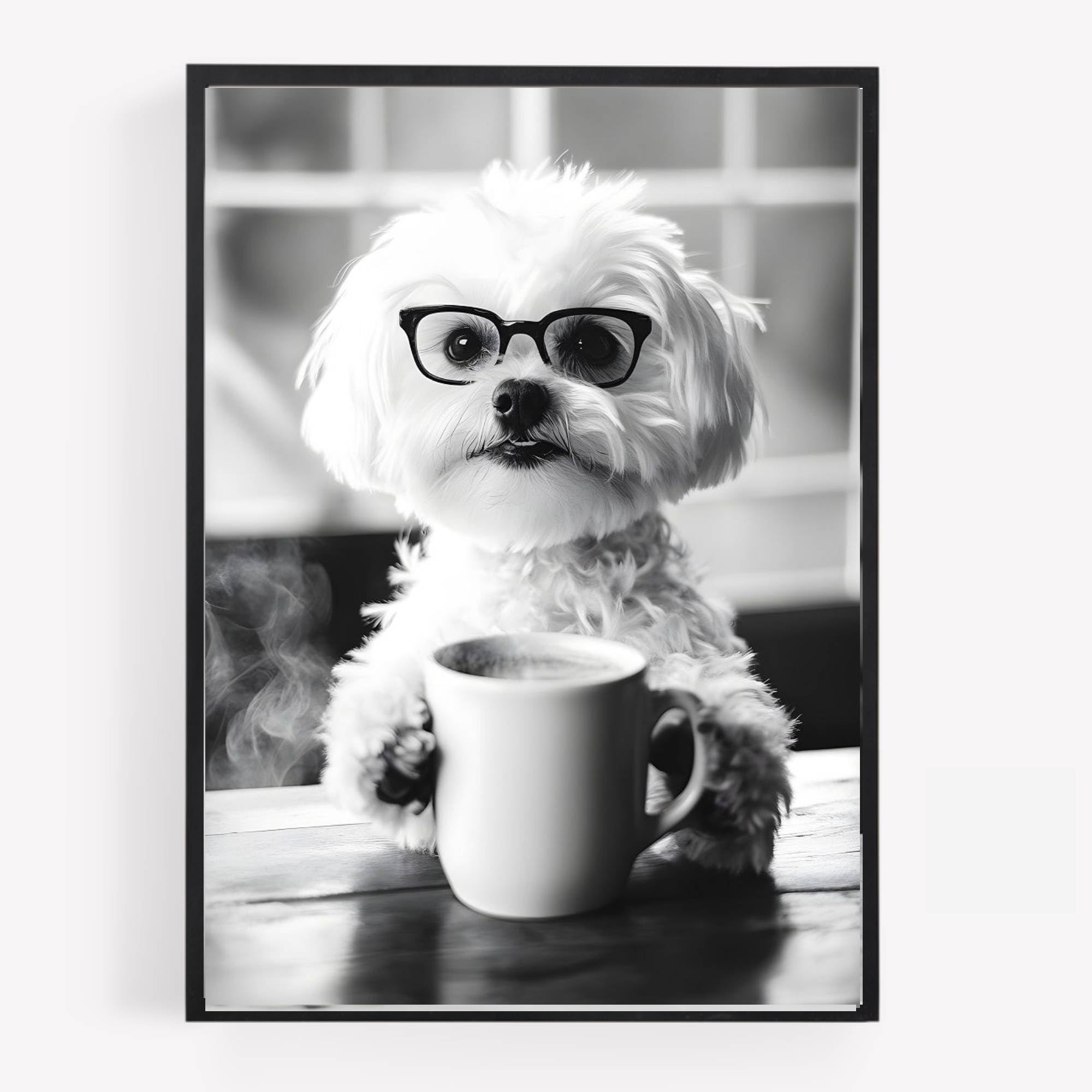 Gfc Monochrome Funny Maltese Dog Drinking Coffee Print Picture Poster Kitchen A4 Unframed Wall Art Home Decor Decorating Please Be Seated For Entire Performance