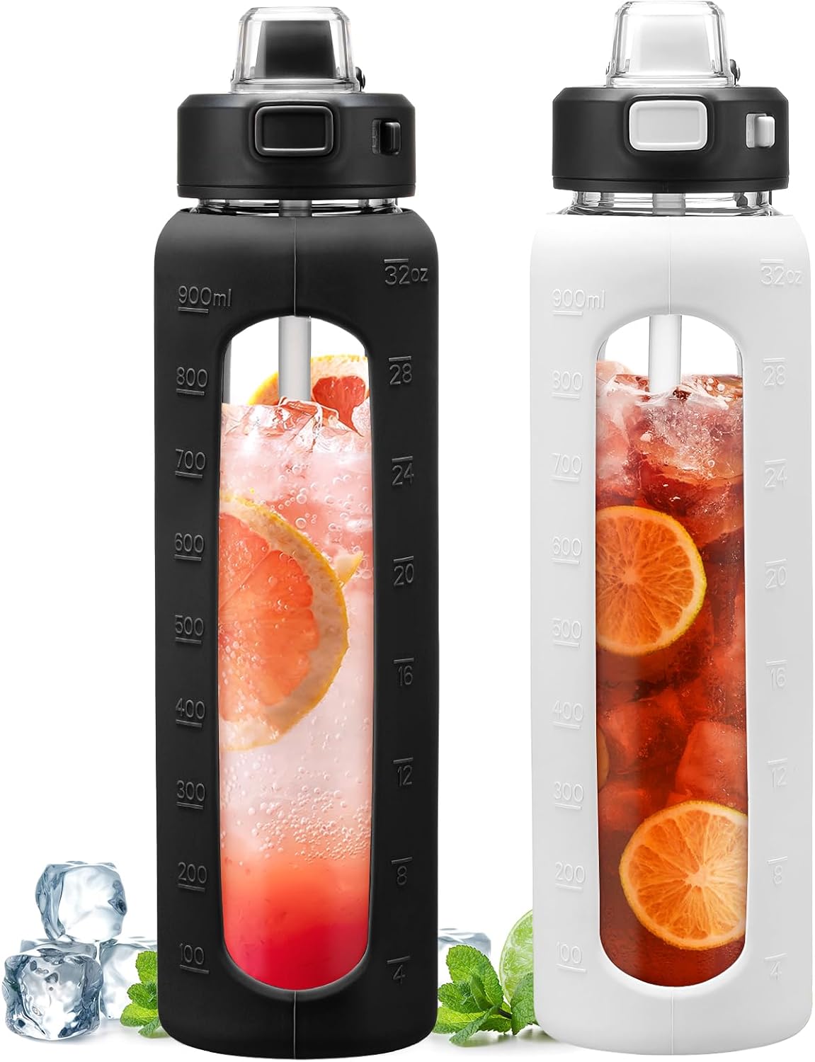 Kodrine Water Bottle with Soft Straw and Carry Loop, 32 oz Glass Water Bottle, Bottle with Locking Lid Leakproof, Motivational Glass Drinking Bottles for Gym Travel Home, Black&White